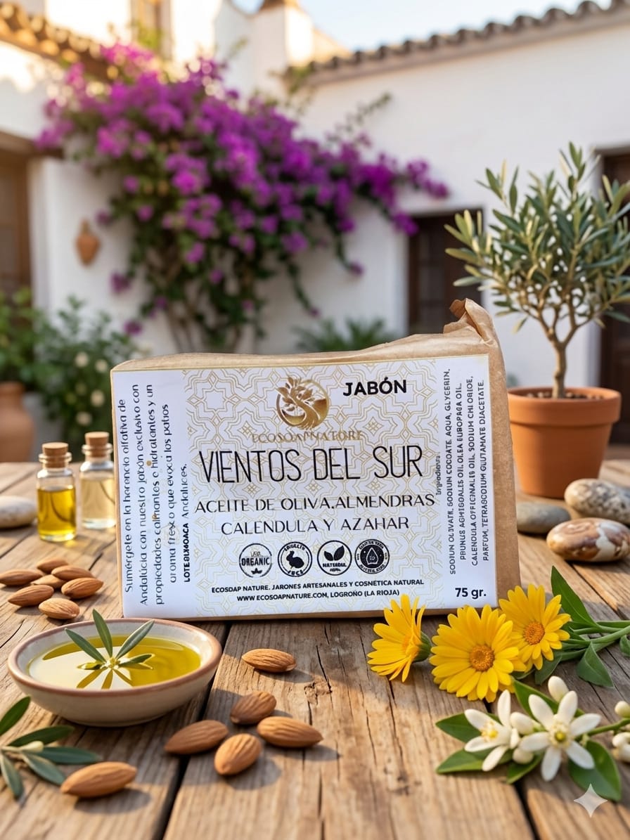 Jabón Sólido "Vientos del Sur": Aceite de Oliva, Almendras, Caléndula y Azahar