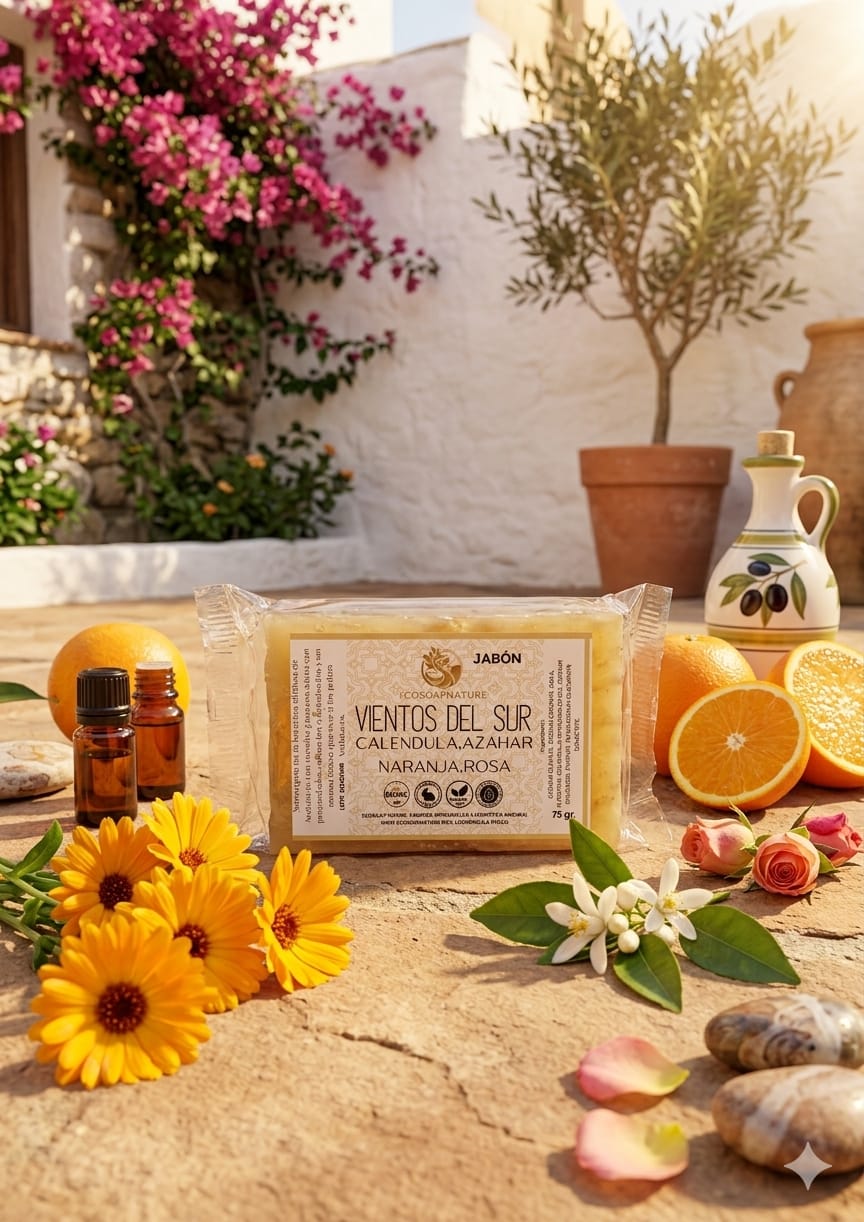Jabón Sólido Artesanal "Vientos del Sur": Caléndula, Azahar, Naranja y Rosa