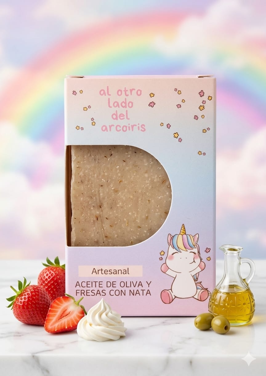 🌈 Jabón Natural Aceite de Oliva y Fresas con Nata | Colección "Al Otro Lado del Arcoíris" 🍓🦄
